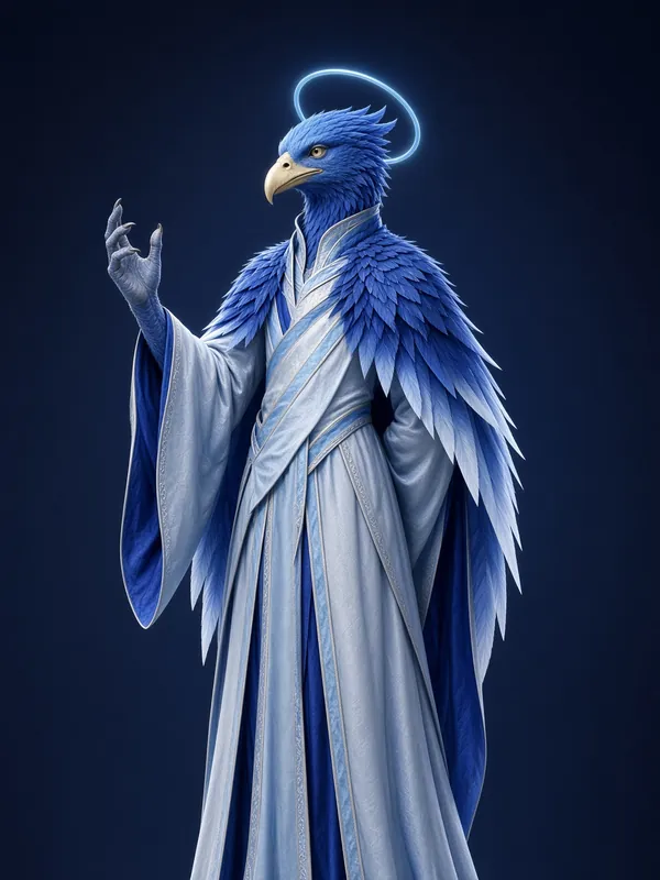 Kaeleth Ashwing, a blue-feathered Avian in pale robes under a halo