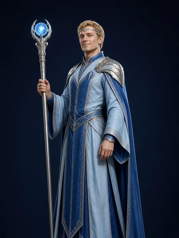 Toren Asheval in blue and silver robes, holding a staff topped with a glowing orb