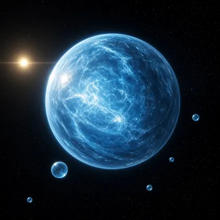 A glowing blue sphere with smaller orbs around it