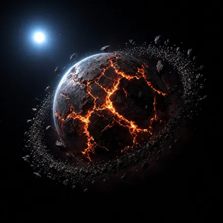 A shattered, burning world circled by debris